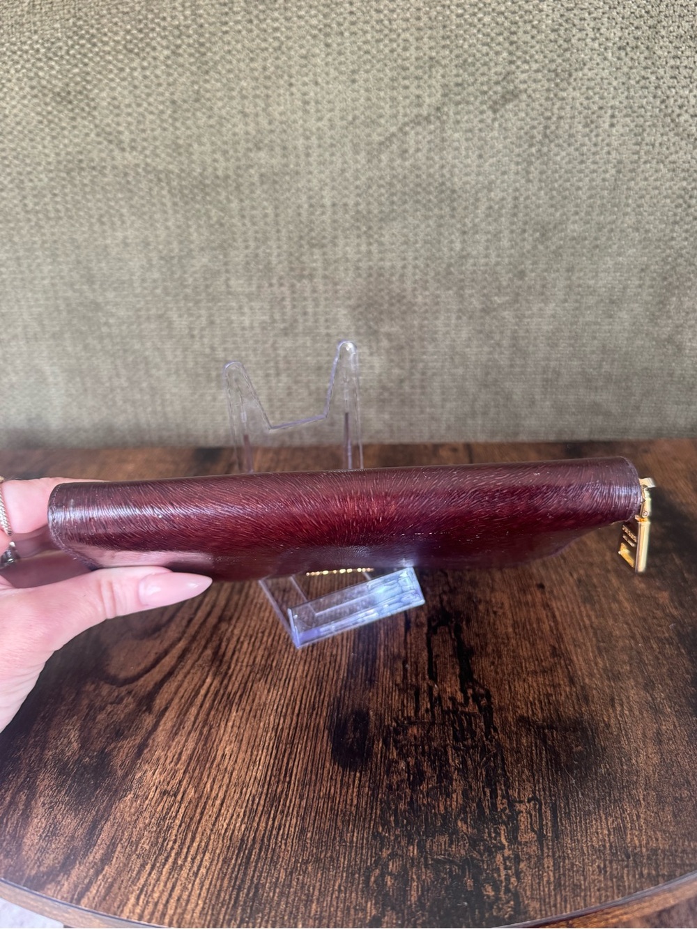 Prada Wine Red Haircalf Zip Wallet with Gold Logo - Picture 4 of 6